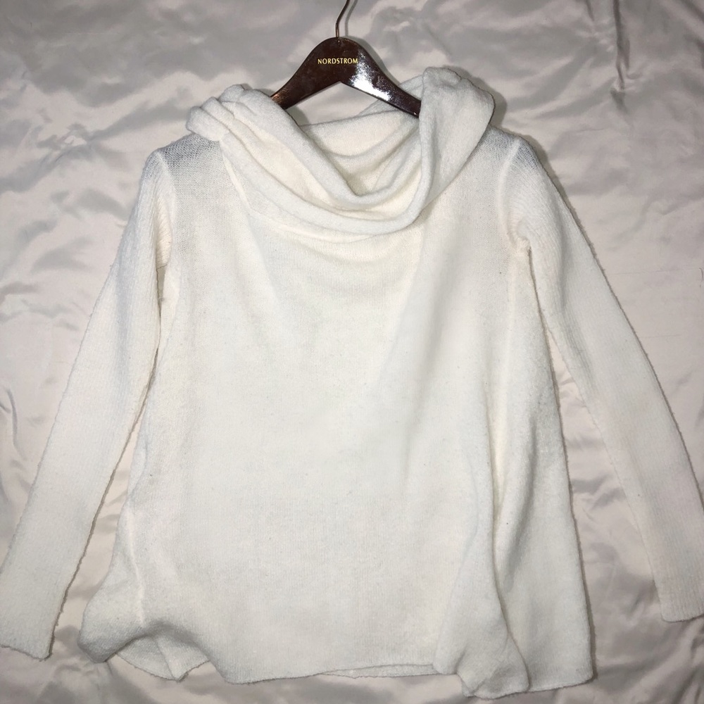 White sweater with cowl neckline